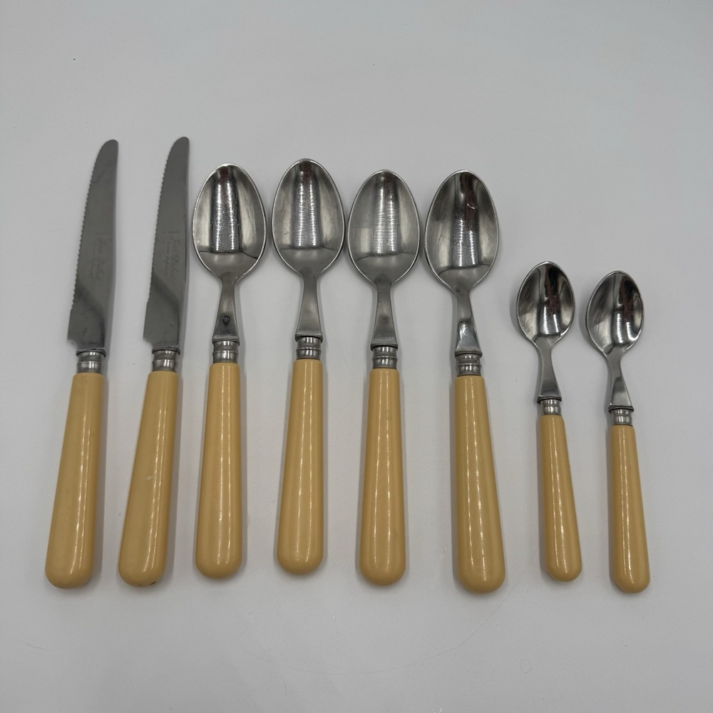 Jean Dubost Yellow Flatware 8 Pc Lot Stainless France Knives Spoons